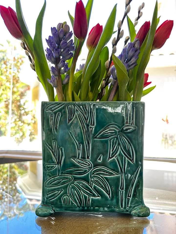 Elegant Embossed Bamboo Rectangular Ceramic Vase